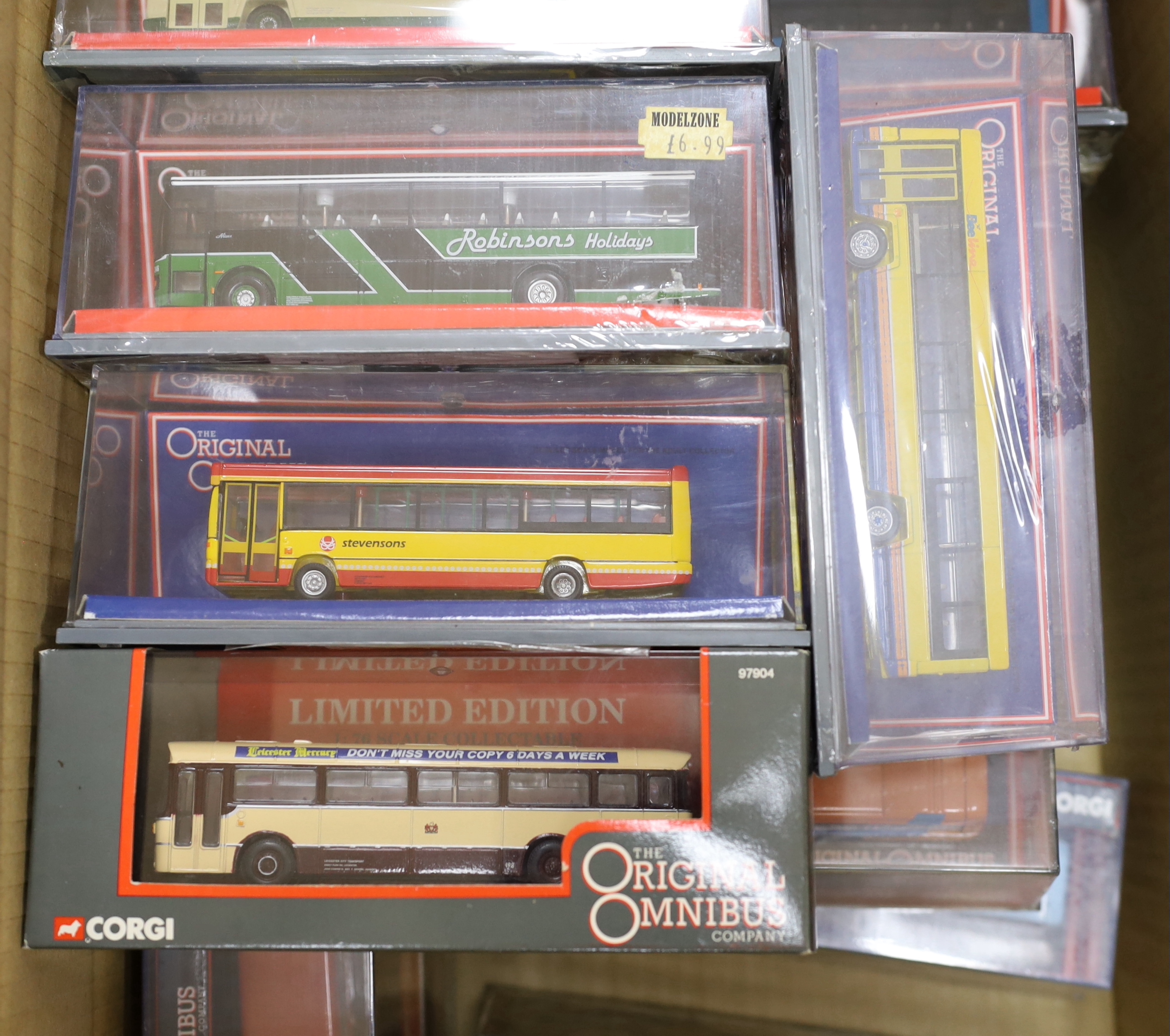 Eighteen boxed Corgi OOC coaches, including an AEC Reliance, a Dennis Dart, a Van Hool Alizee, a Leyland Lynx Mk.II, an Optare Delta, a Plaxton Premiere, etc.